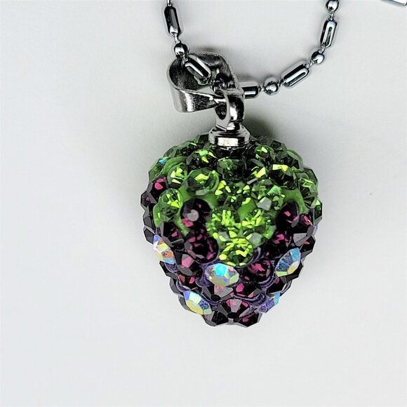 STRAWBERRY Shape Mini Lime Green and Purple Rhinestone Small Pendant Necklace - Picture 3 of 5